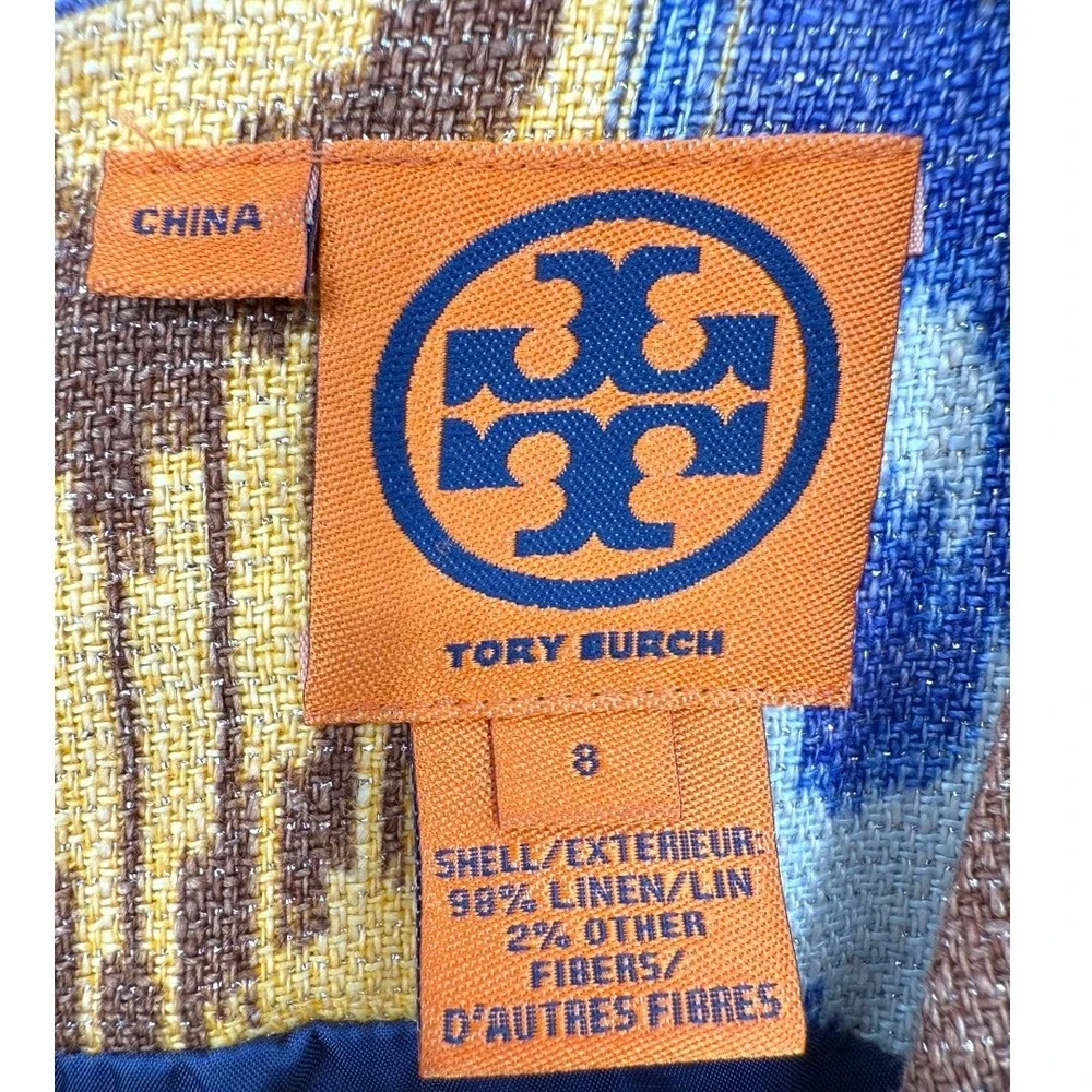 Tory Burch Kiersten Linen Blend Sleeveless Ikat Print Sheath Dress‎ Size 8 Retro
